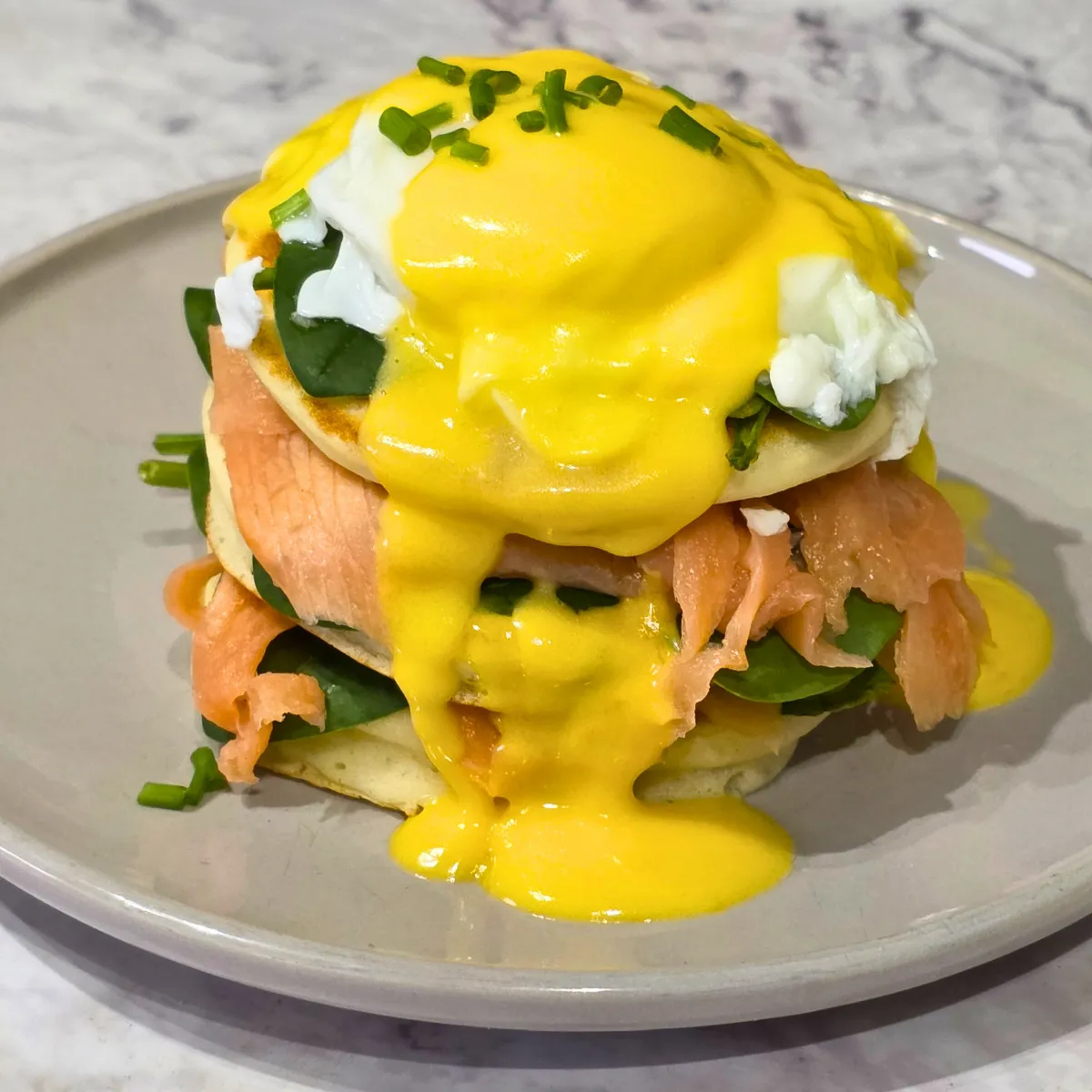 Gluten Free Eggs Benedict Pancakes with Smoked Salmon