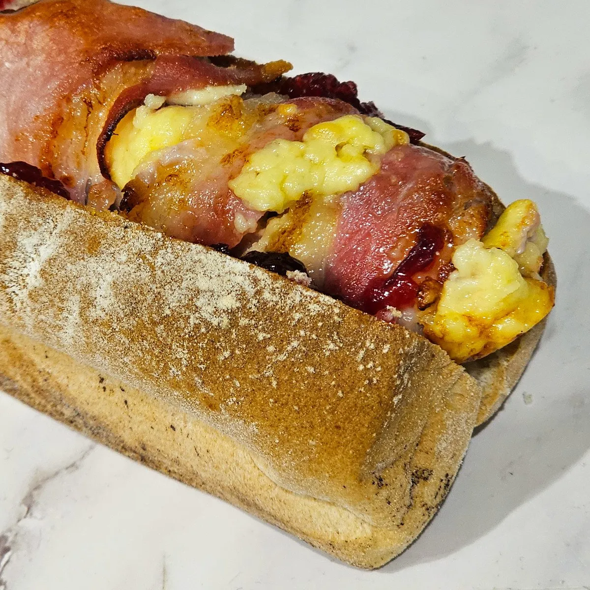 Gluten Free Jumbo Stuffed Pig in Blanket Hotdog