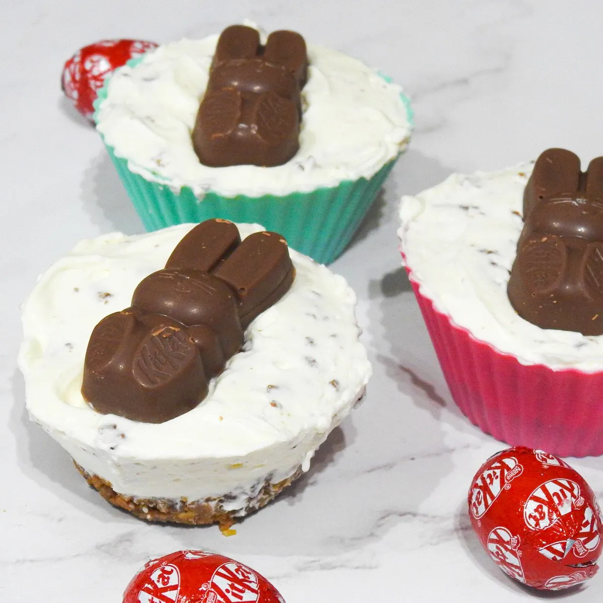 Gluten Free No Bake Mini KitKat Bunny Cheesecakes