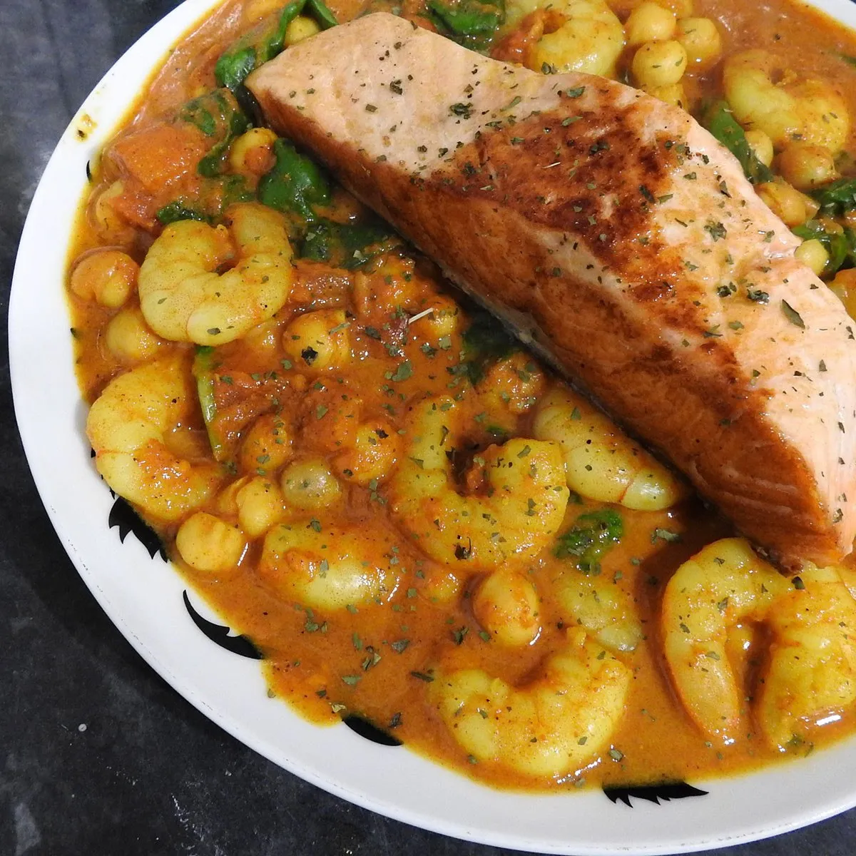Gluten Free Prawn and Chickpea Tikka Masala with Salmon