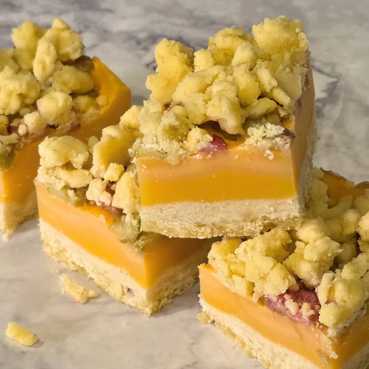 Gluten Free Rhubarb and Custard Crumble Shortbread Slice
