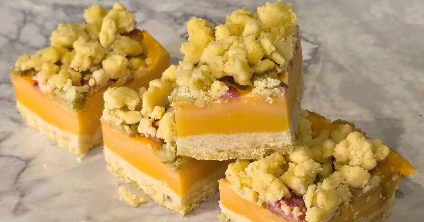 Gluten Free Rhubarb and Custard Crumble Shortbread Slice