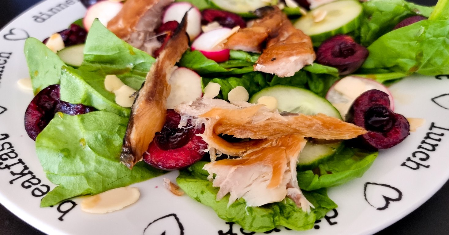 Gluten Free Smoked Mackerel, Cherry and Almond Salad