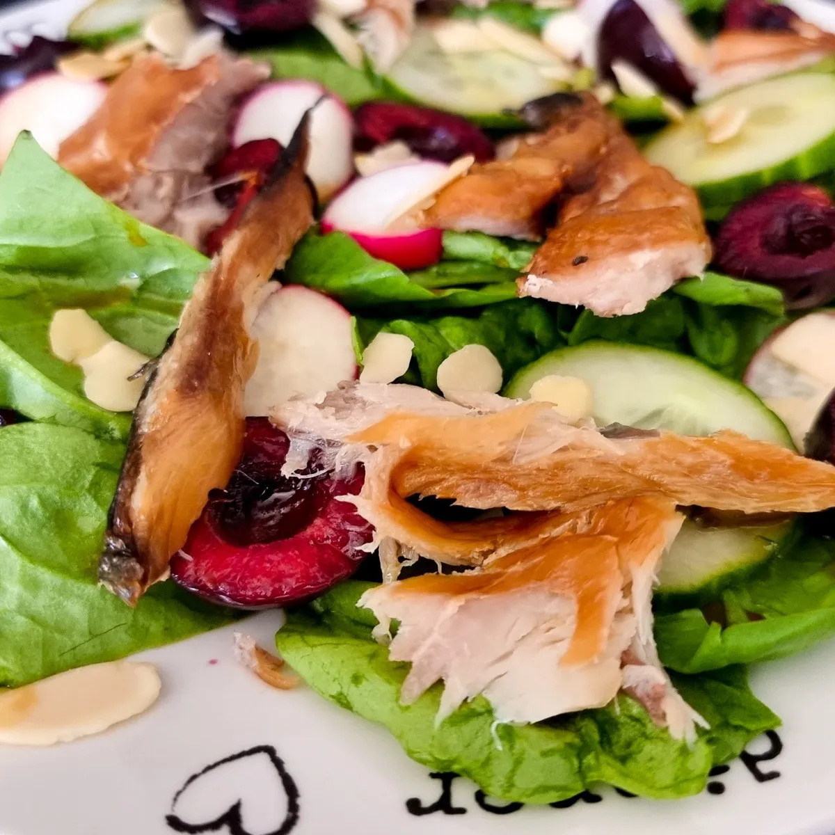 Gluten Free Smoked Mackerel, Cherry and Almond Salad